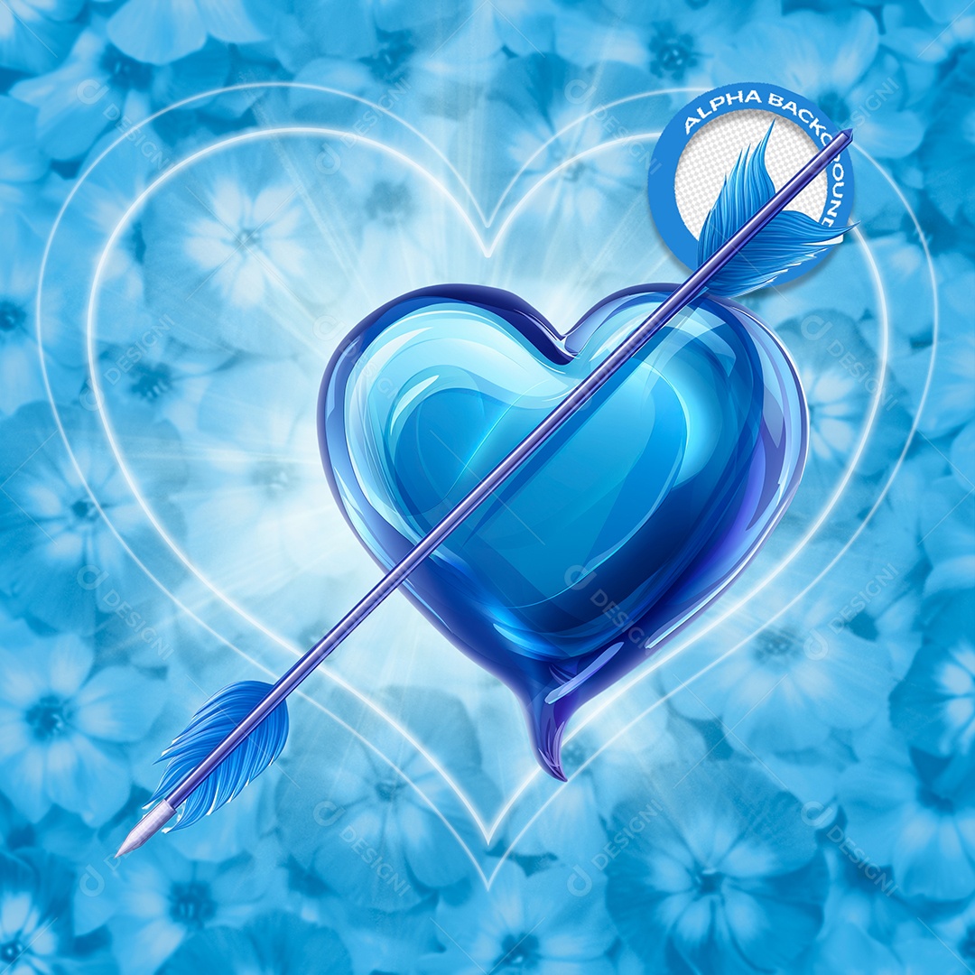 Coração com Flecha Elemento 3D Azul do Dia dos Namorados para Composição PSD
