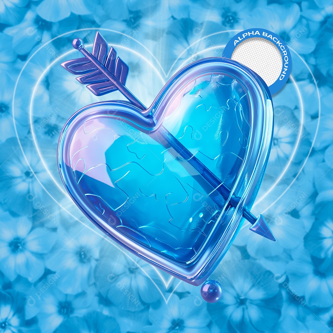Coração com Flecha Elemento 3D Azul do Dia dos Namorados para Composição PSD