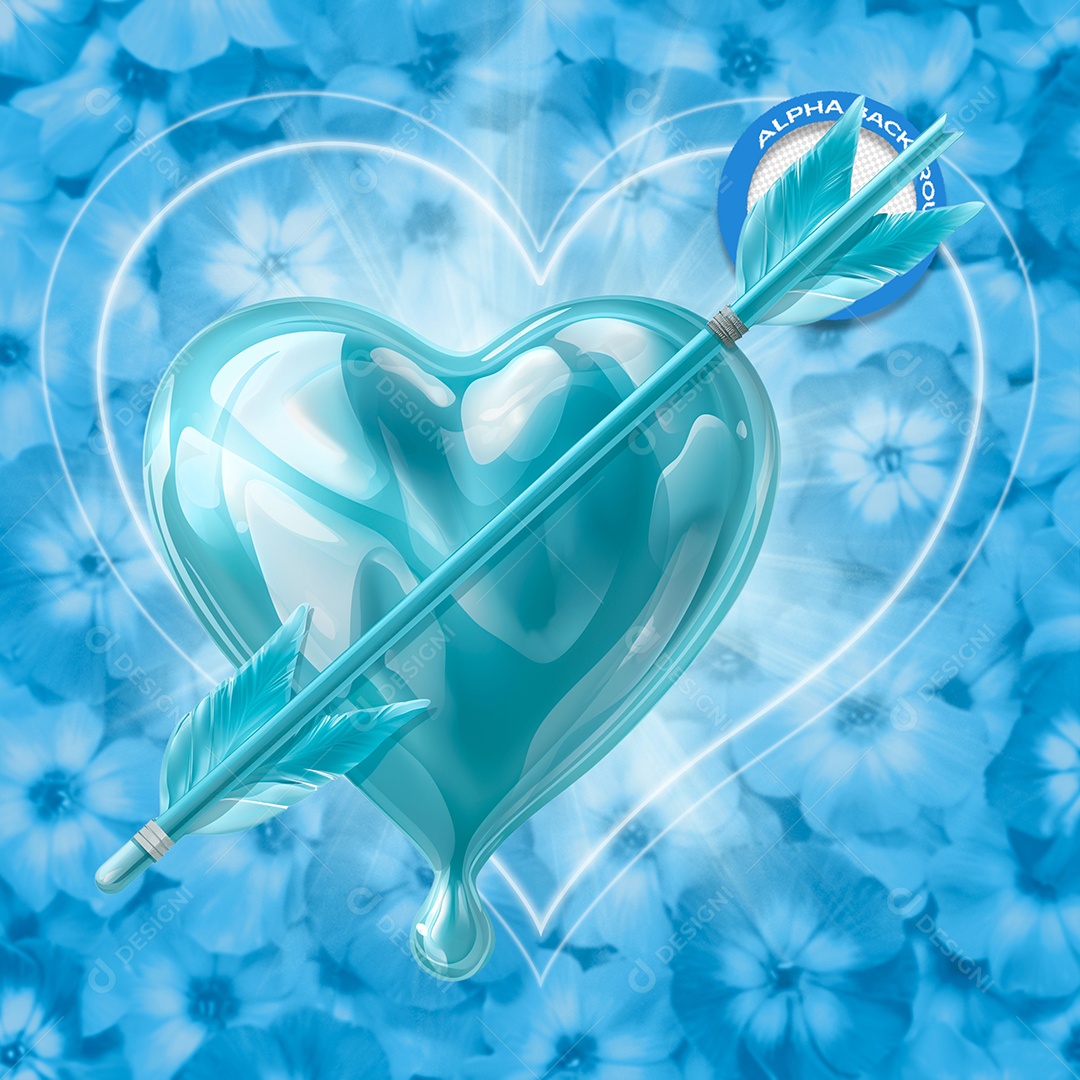 Coração com Flecha Elemento 3D Azul do Dia dos Namorados para Composição PSD