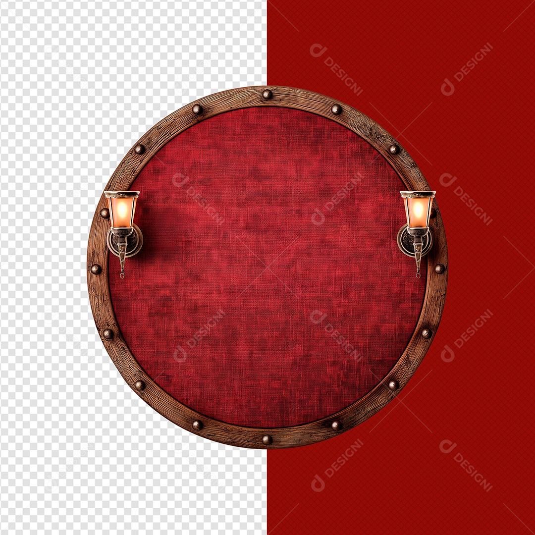 Círculo de Madeira Decorado Elemento 3D Vermelho para Composição PSD