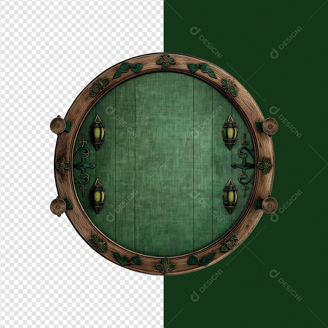 Círculo de Madeira Decorado Elemento 3D Verde para Composição PSD