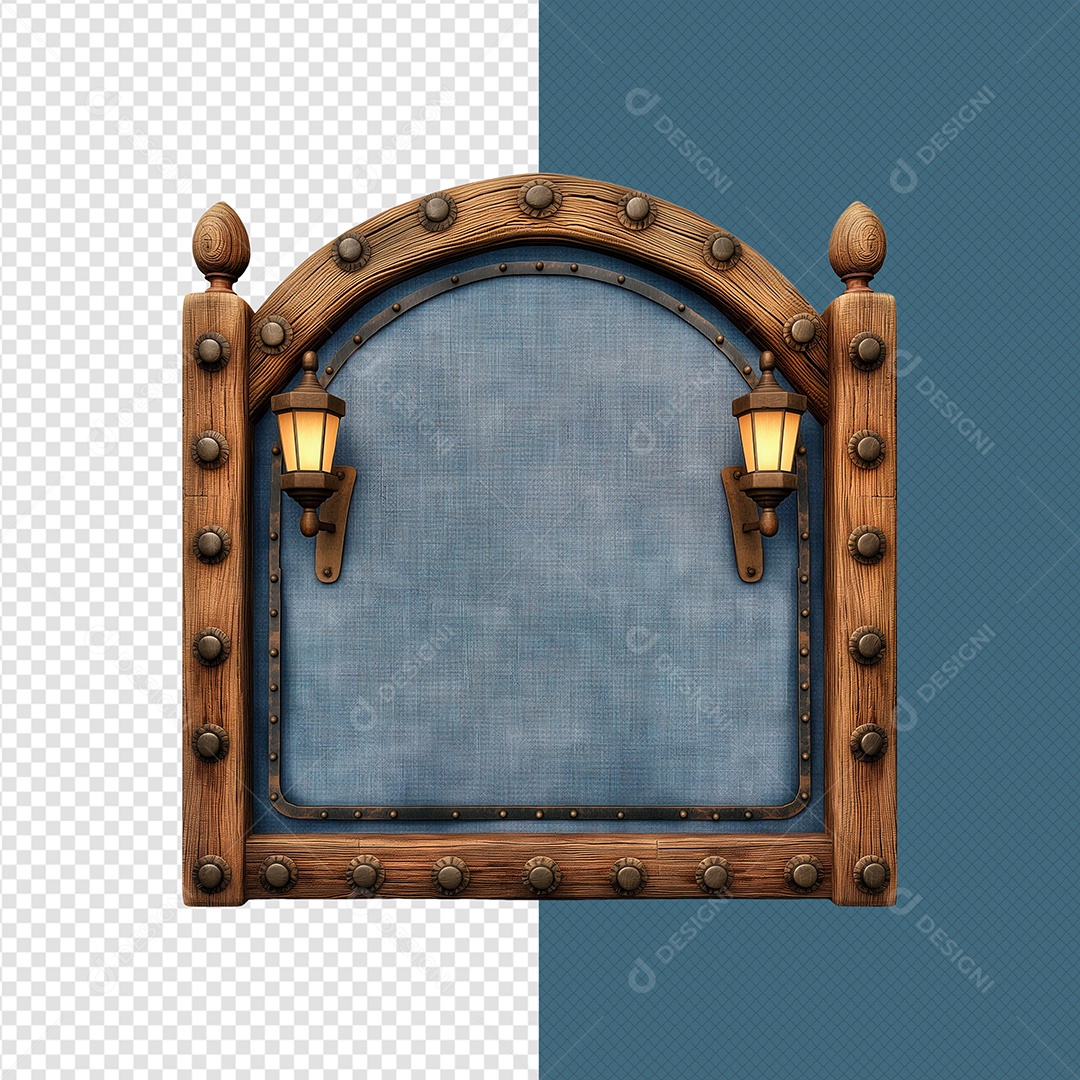 Portal de Madeira Marron e Azul Elemento 3D para Composição PSD