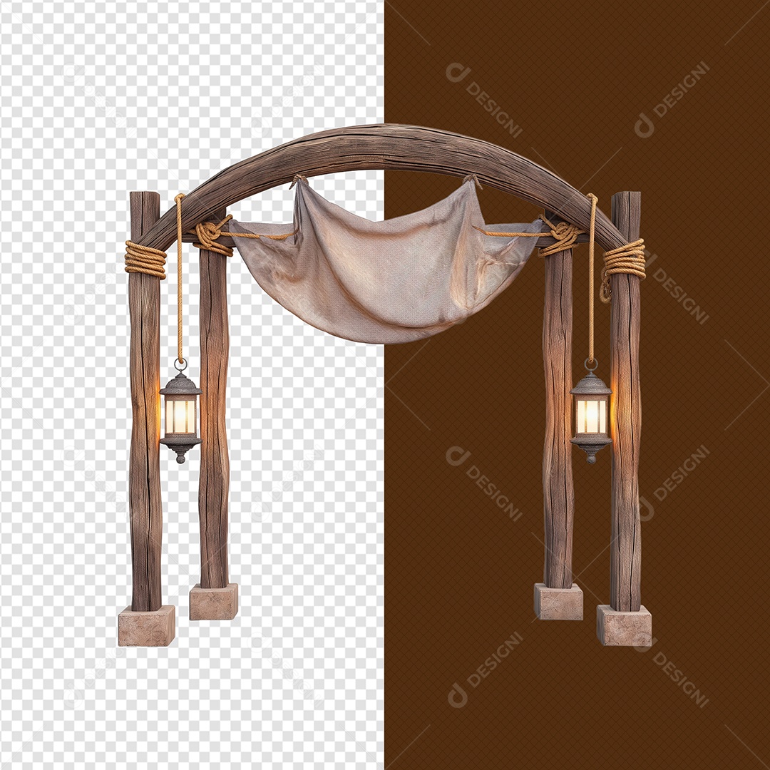 Portal de Madeira com Corda e Luminaria Elemento 3D para Composição PSD