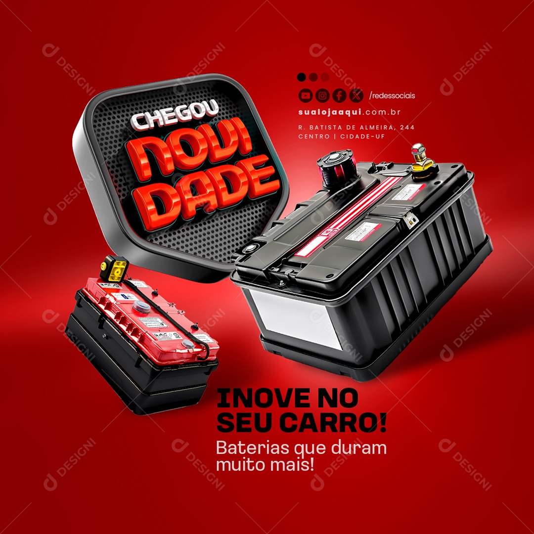 Loja Novidades e Promoção Inove no Seu Carro Baterias que Duram Social Media PSD Editável