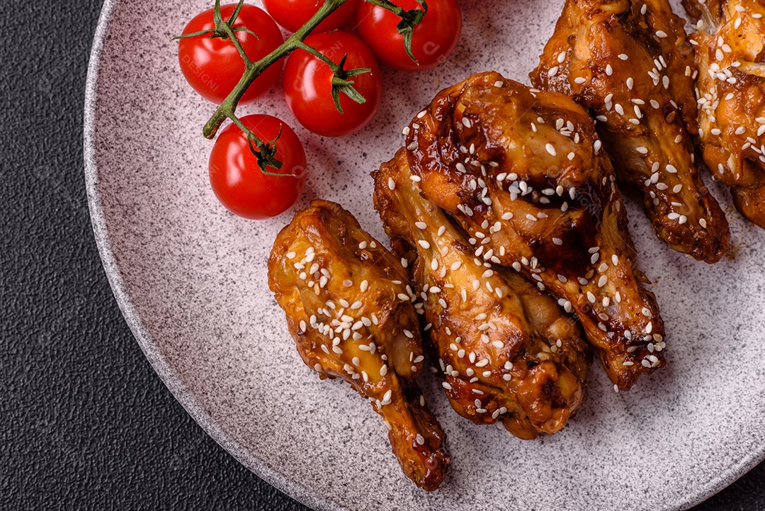 Deliciosas asas grelhadas crocantes com molho teriyaki com sal, especiarias e ervas sobre um fundo escuro de concreto
