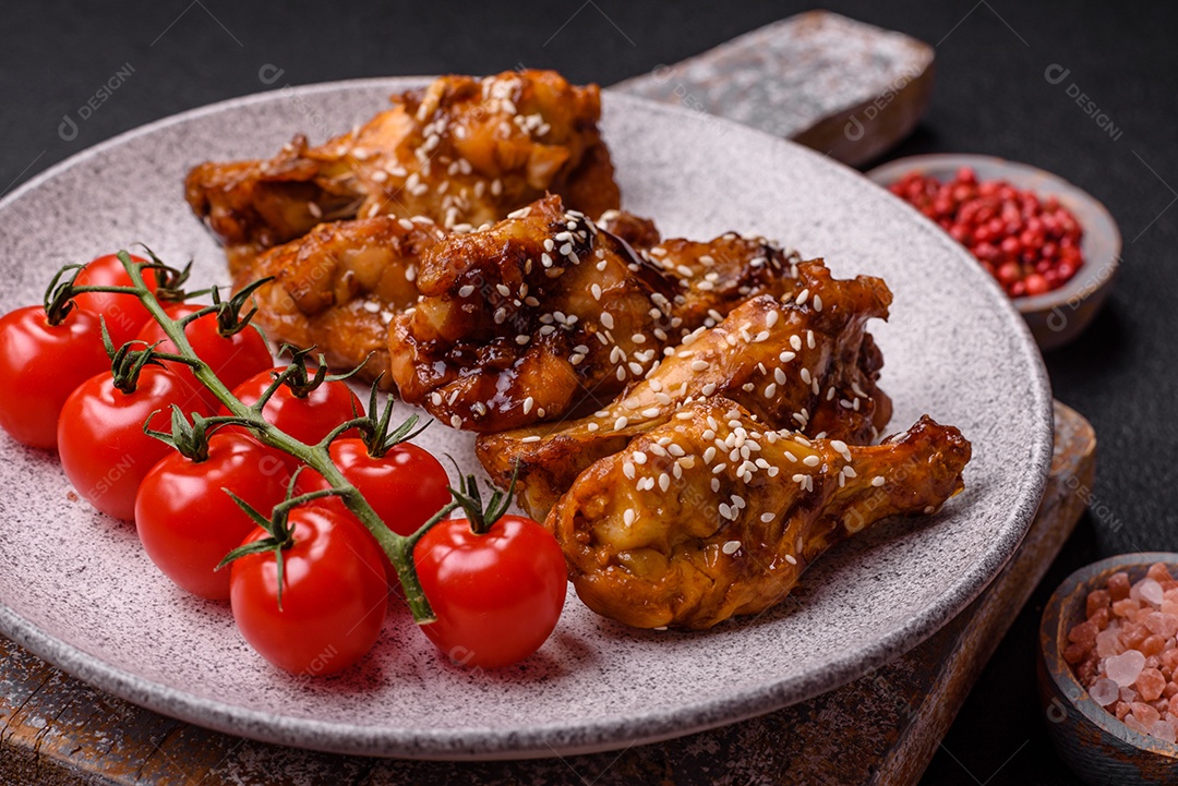 Deliciosas asas grelhadas crocantes com molho teriyaki com sal, especiarias e ervas sobre um fundo escuro de concreto