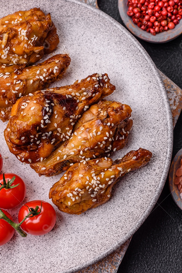 Deliciosas asas grelhadas crocantes com molho teriyaki com sal, especiarias e ervas sobre um fundo escuro de concreto