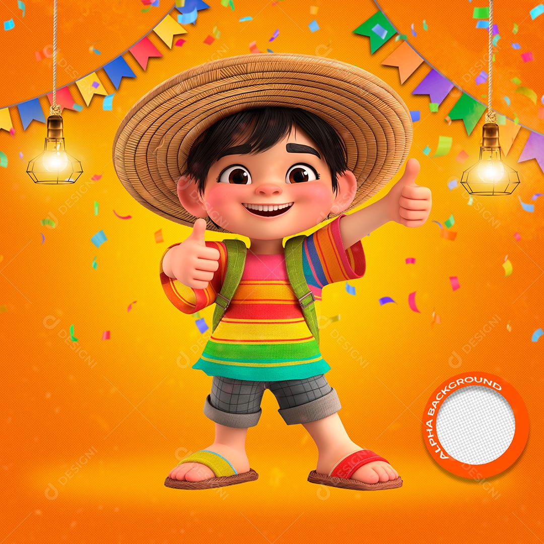 Garotinho Usando Chapéu de Palha Elemento 3D para Composição PSD
