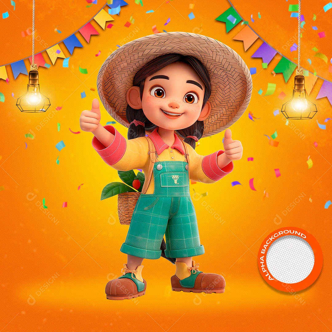 Garotinha com Chapéu de Palha Elemento 3D para Composição PSD