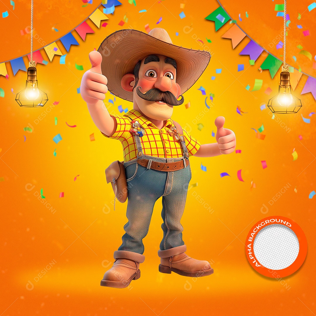 Homem Caipira com Bigode Elemento 3D para Composição PSD