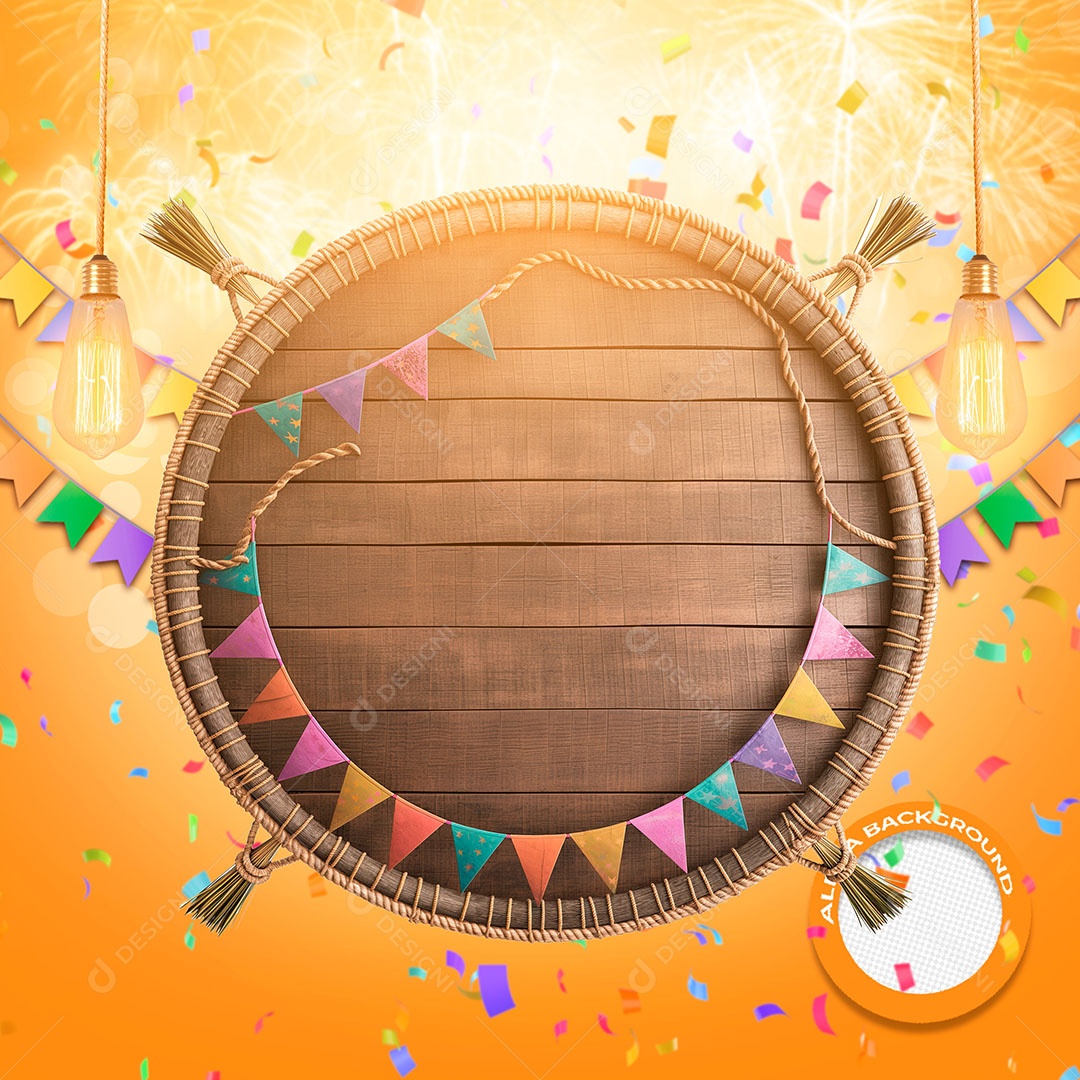 Bandeirolas e Círculo de Madeira Elemento 3D para Composição PSD