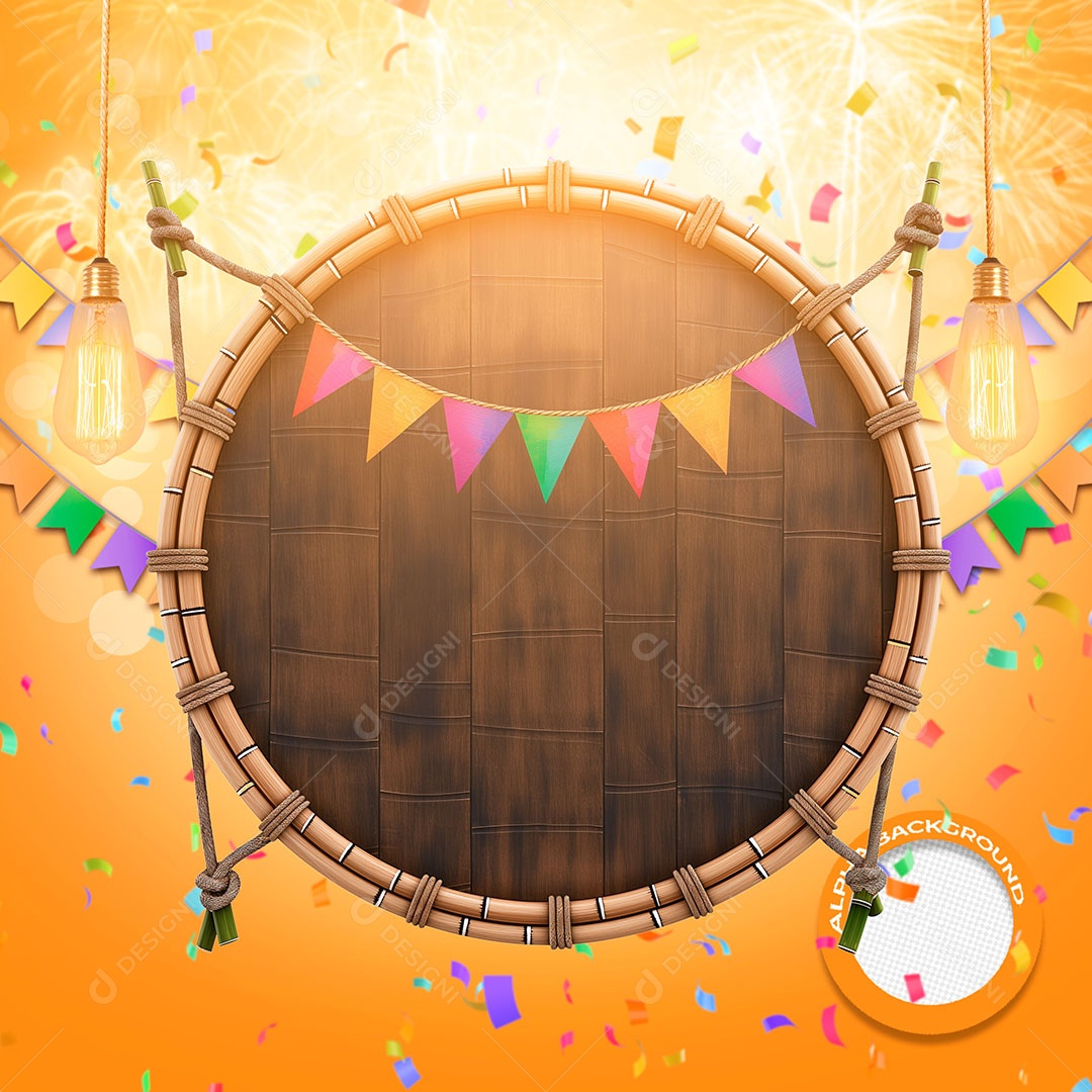 Círculo de Madeira e Bandeirolas Elemento 3D para Composição PSD