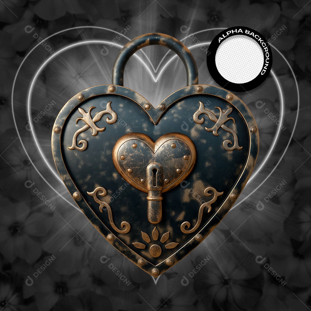 Cadeado Preto Elemento 3D de Dia dos Namorados para Composição PSD