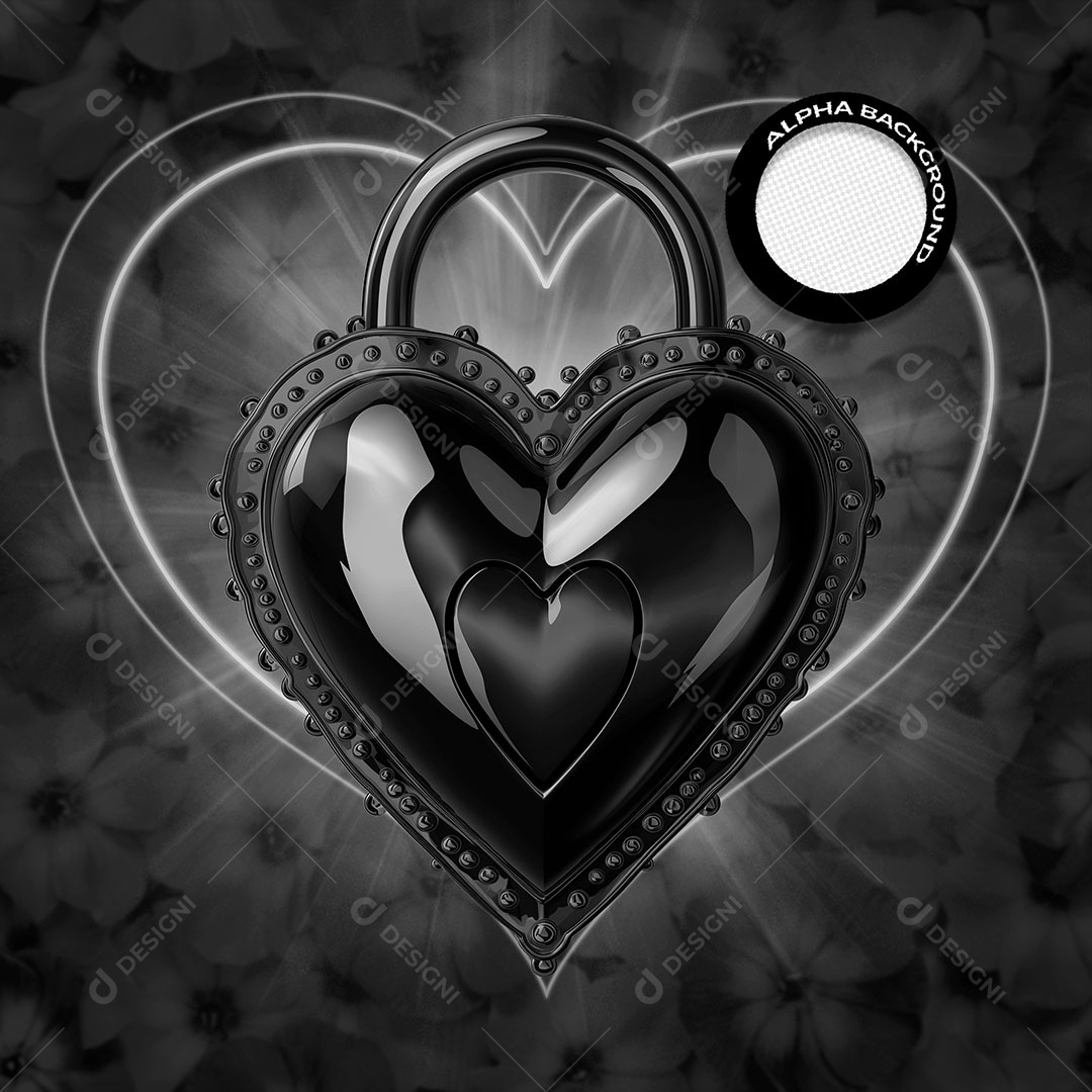 Cadeado Forma de Coração Elemento 3D Preto para Composição PSD