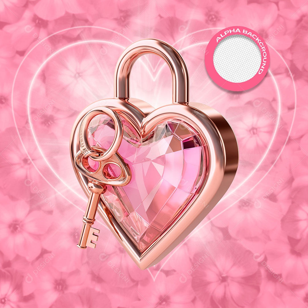 Cadeado Formato de Coração e Chave Elemento 3D para Composição PSD
