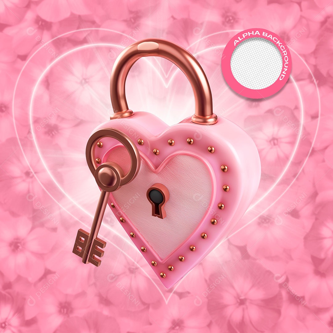 Cadeado e Chave Elemento 3D Rosa para Composição PSD