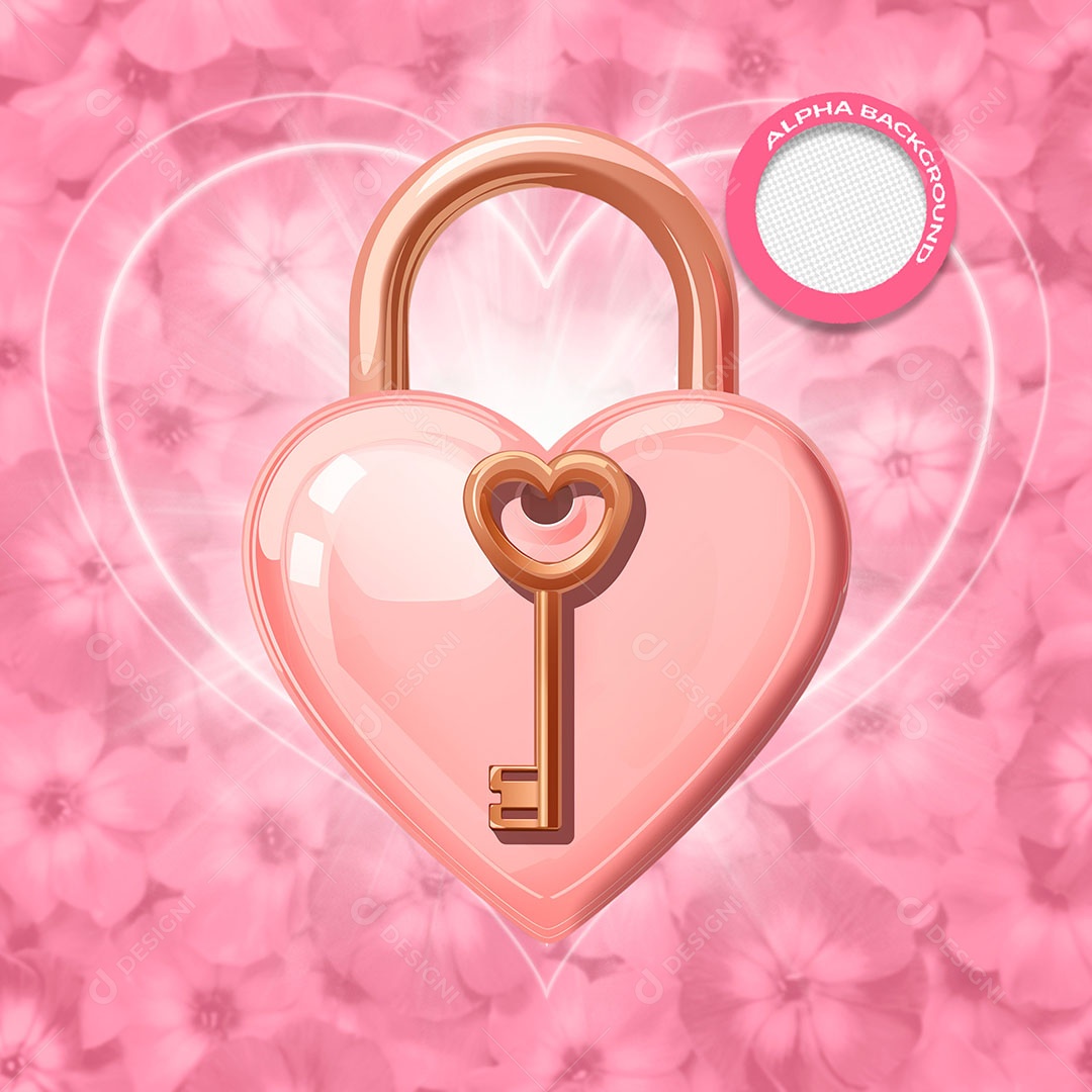 Cadeado e Chave de Coração Elemento 3D para Composição PSD