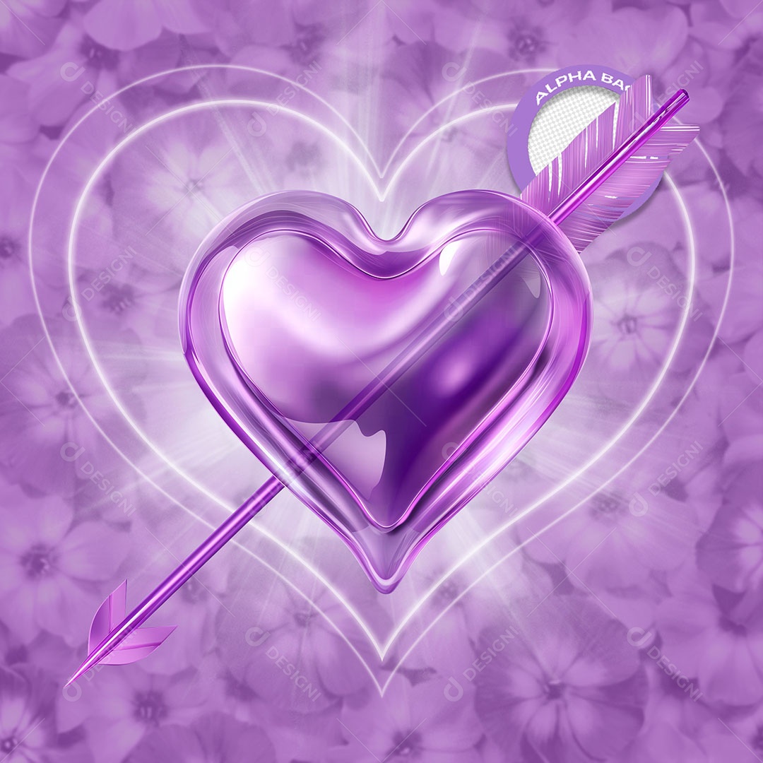 Coração Flechado Elemento 3D Roxo para Composição PSD