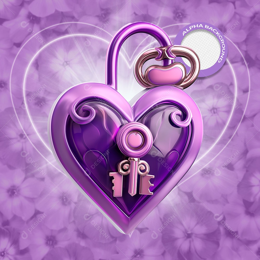 Cadeado de Coração Elemento 3D Roxo para Composição PSD