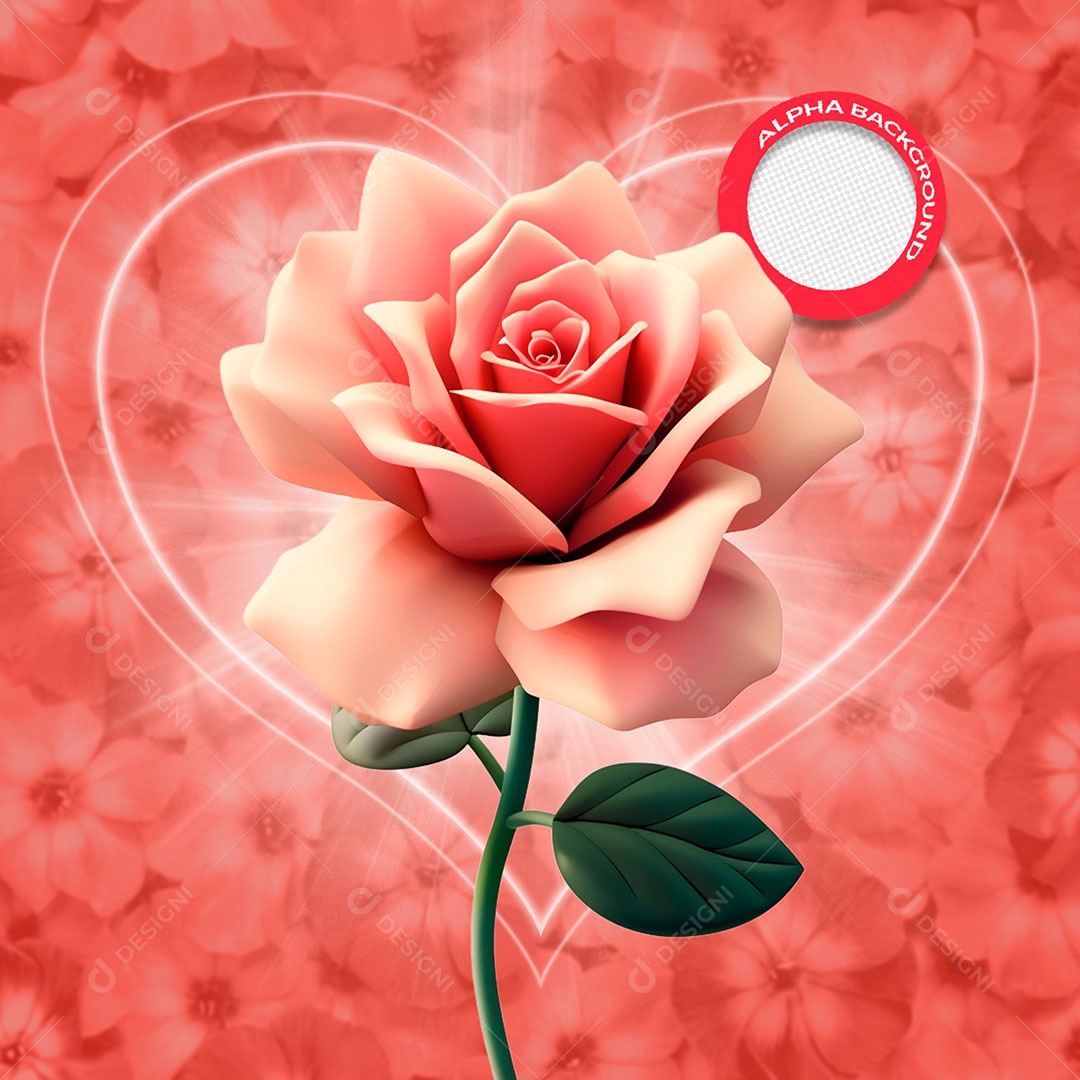 Flor Rosa com Folha Elemento 3D para Composição PSD