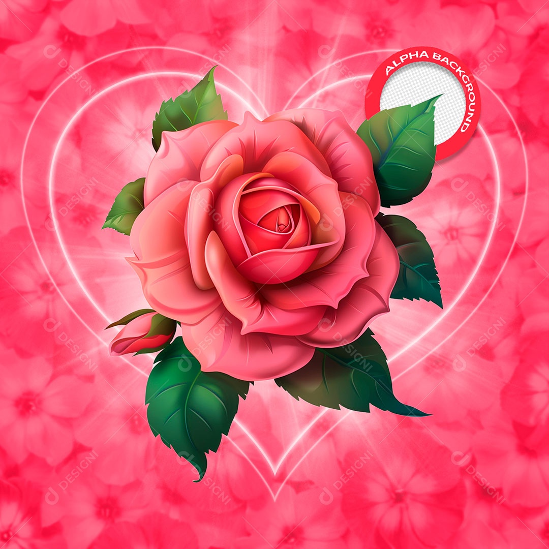 Rosa com Folhas Elemento 3D para Composição PSD