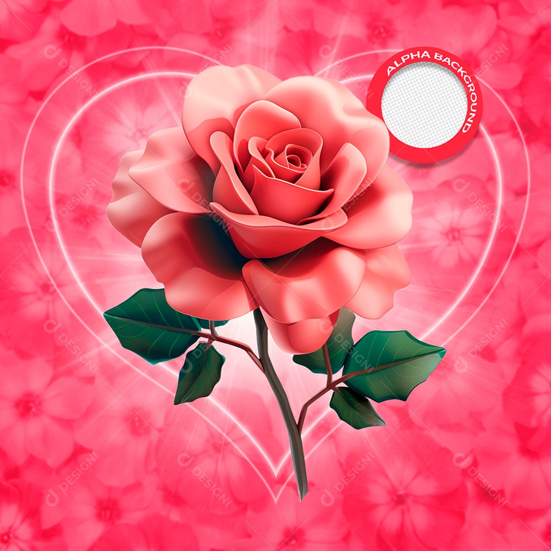Flor Rosa Elemento 3D de Dia dos Namorados para Composição PSD