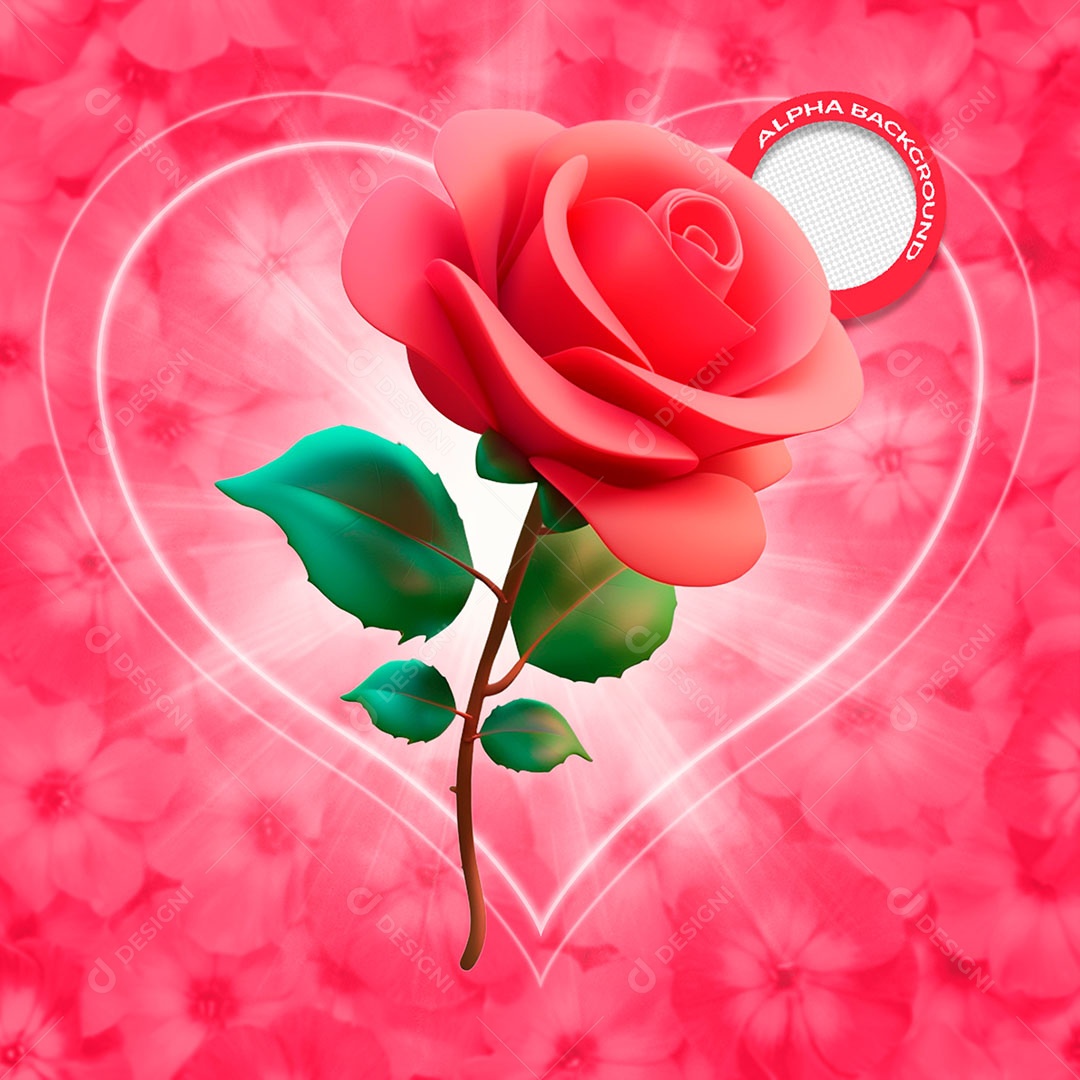 Rosa com Folha Elemento 3D de Dia dos Namorados para Composição PSD