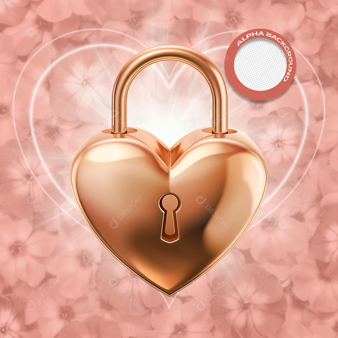 Cadeado de Coração Elemento 3D Dourado para Composição PSD