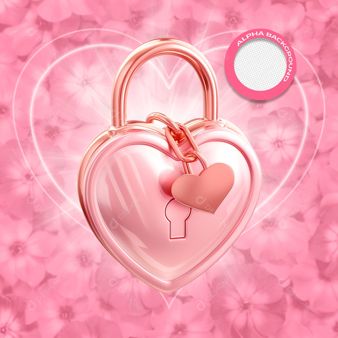 Cadeado de Coração Elemento 3D Rosa do Dia dos Namorados para Composição PSD