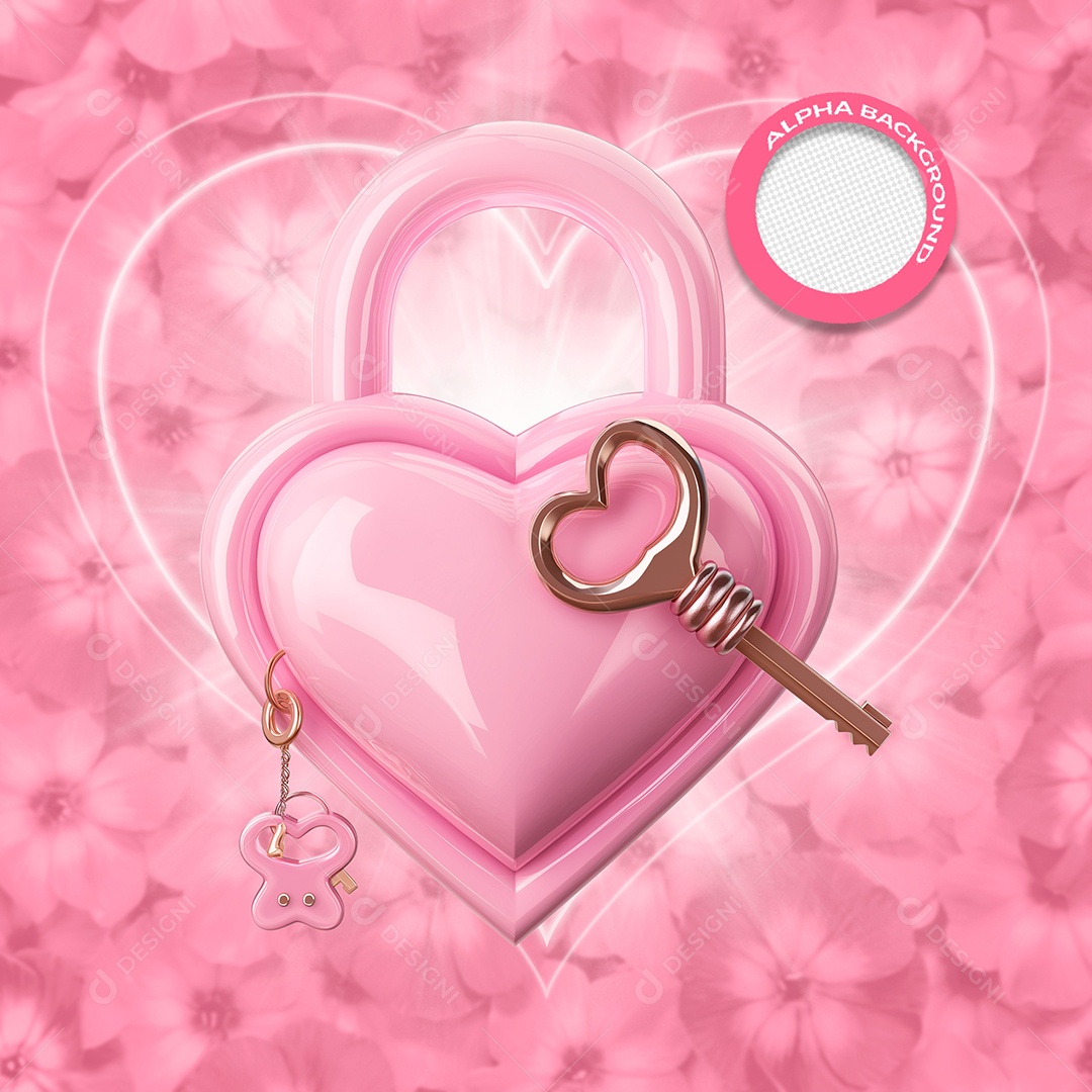 Cadeado de Coração Elemento 3D Rosa do Dia dos Namorados para Composição PSD
