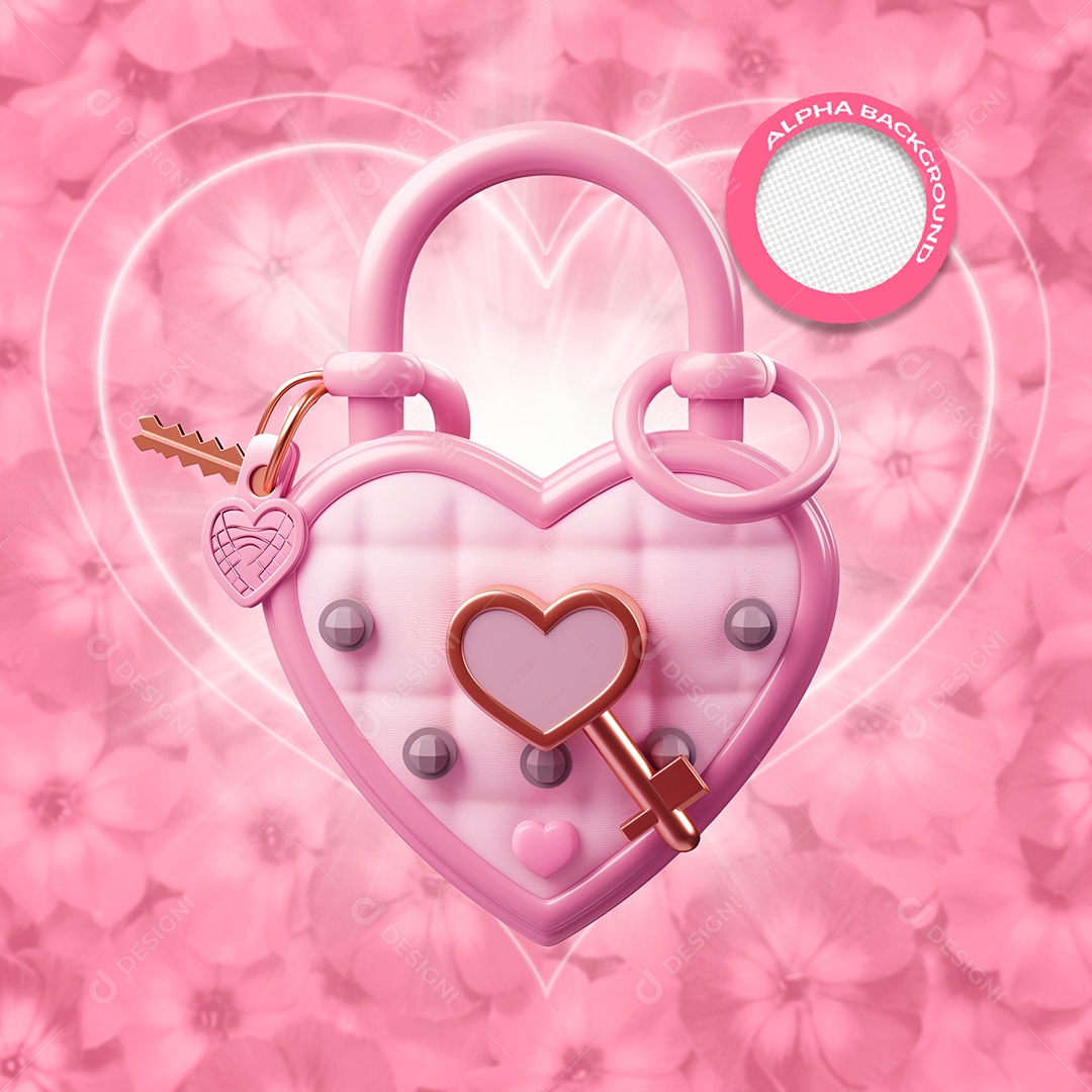 Cadeado de Coração Elemento 3D Rosa do Dia dos Namorados para Composição PSD