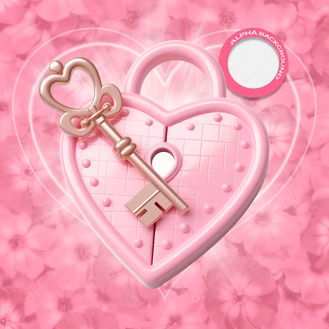 Cadeado de Coração Elemento 3D Rosa do Dia dos Namorados para Composição PSD