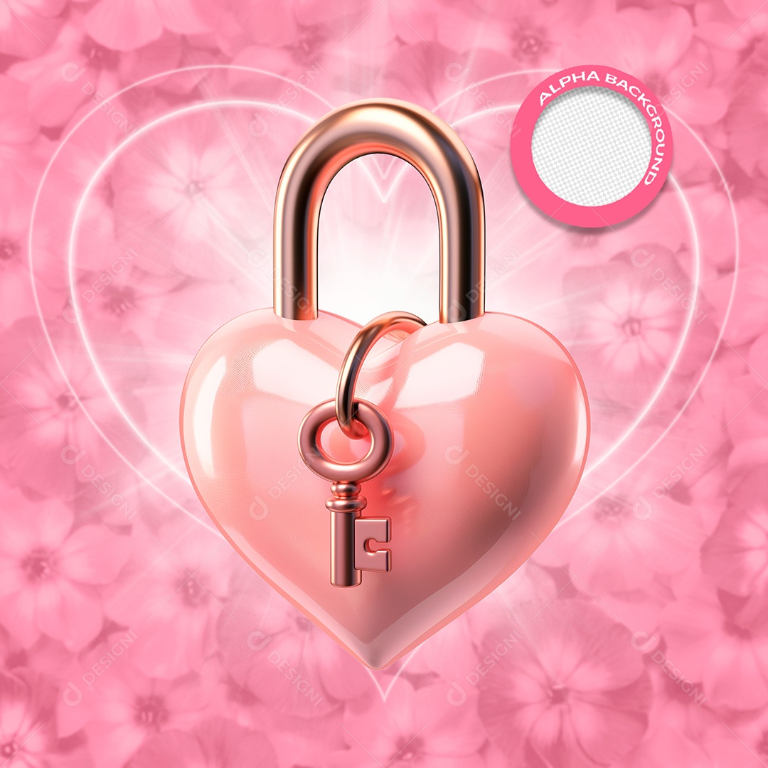 Cadeado de Coração Elemento 3D Rosa do Dia dos Namorados para Composição PSD