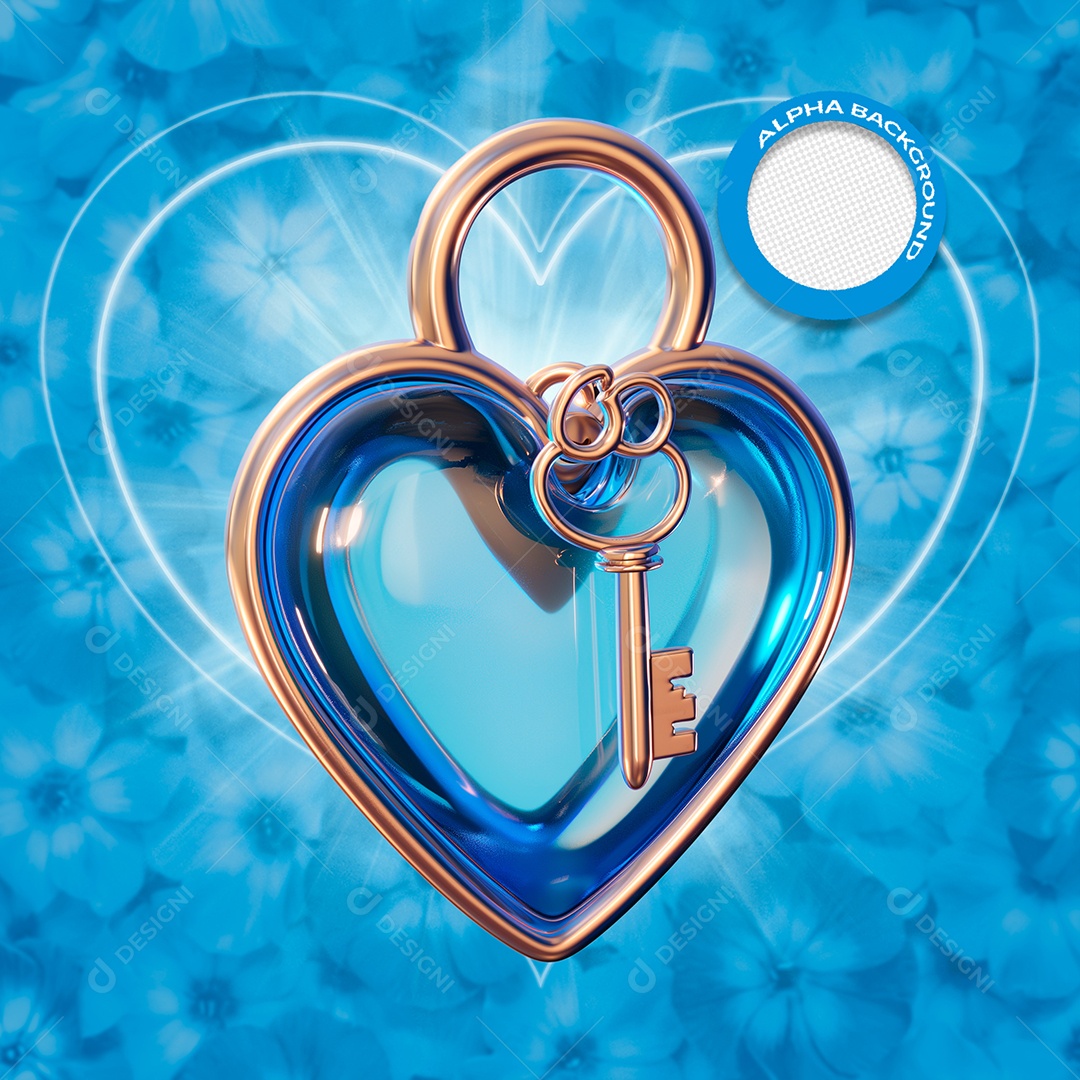 Cadeado de Coração Elemento 3D Azul do Dia dos Namorados para Composição PSD