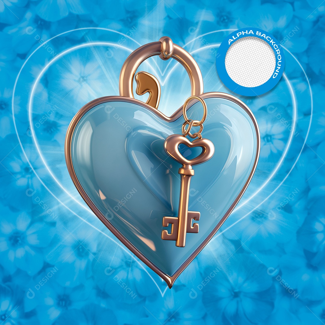 Cadeado de Coração Elemento 3D Azul do Dia dos Namorados para Composição PSD