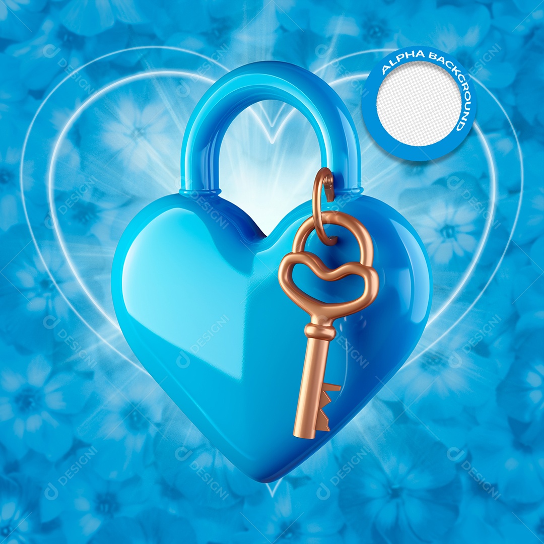 Cadeado de Coração Elemento 3D Azul do Dia dos Namorados para Composição PSD