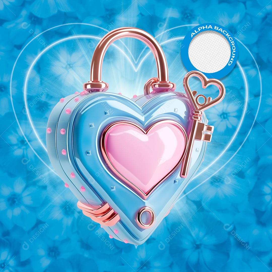 Cadeado de Coração Elemento 3D Azul do Dia dos Namorados para Composição PSD