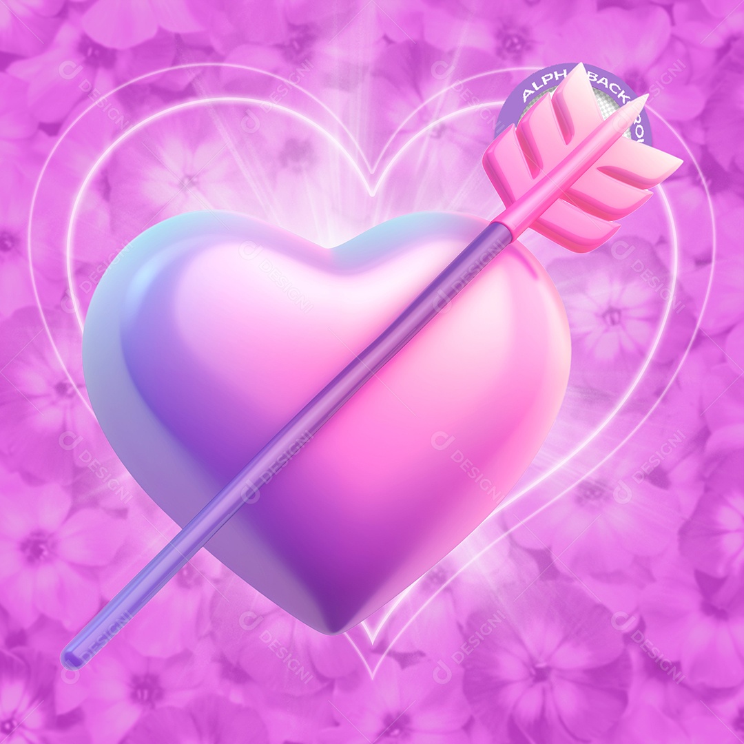 Coração com Flecha Elemento 3D Roxo do Dia dos Namorados para Composição PSD