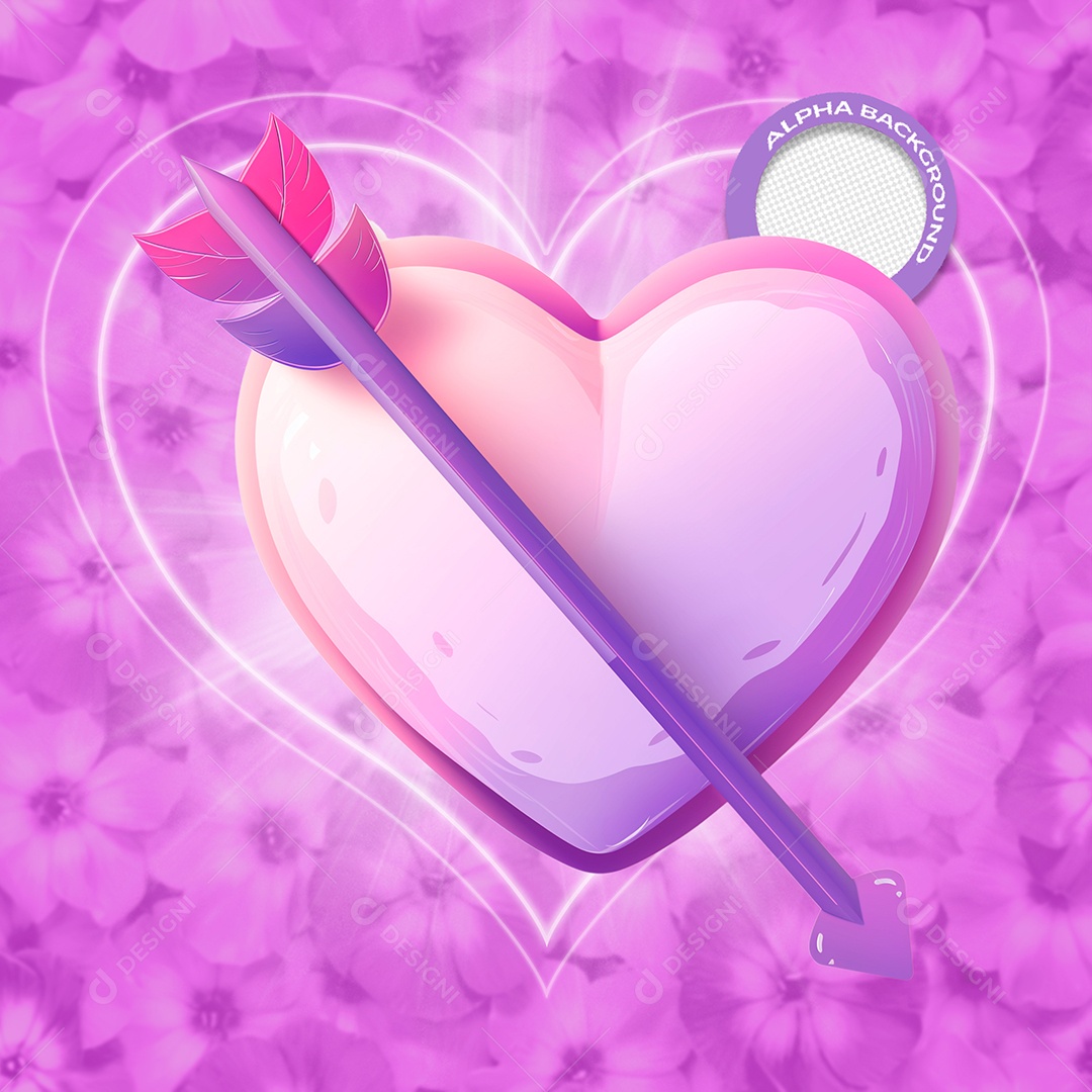 Coração com Flecha Elemento 3D Roxo do Dia dos Namorados para Composição PSD