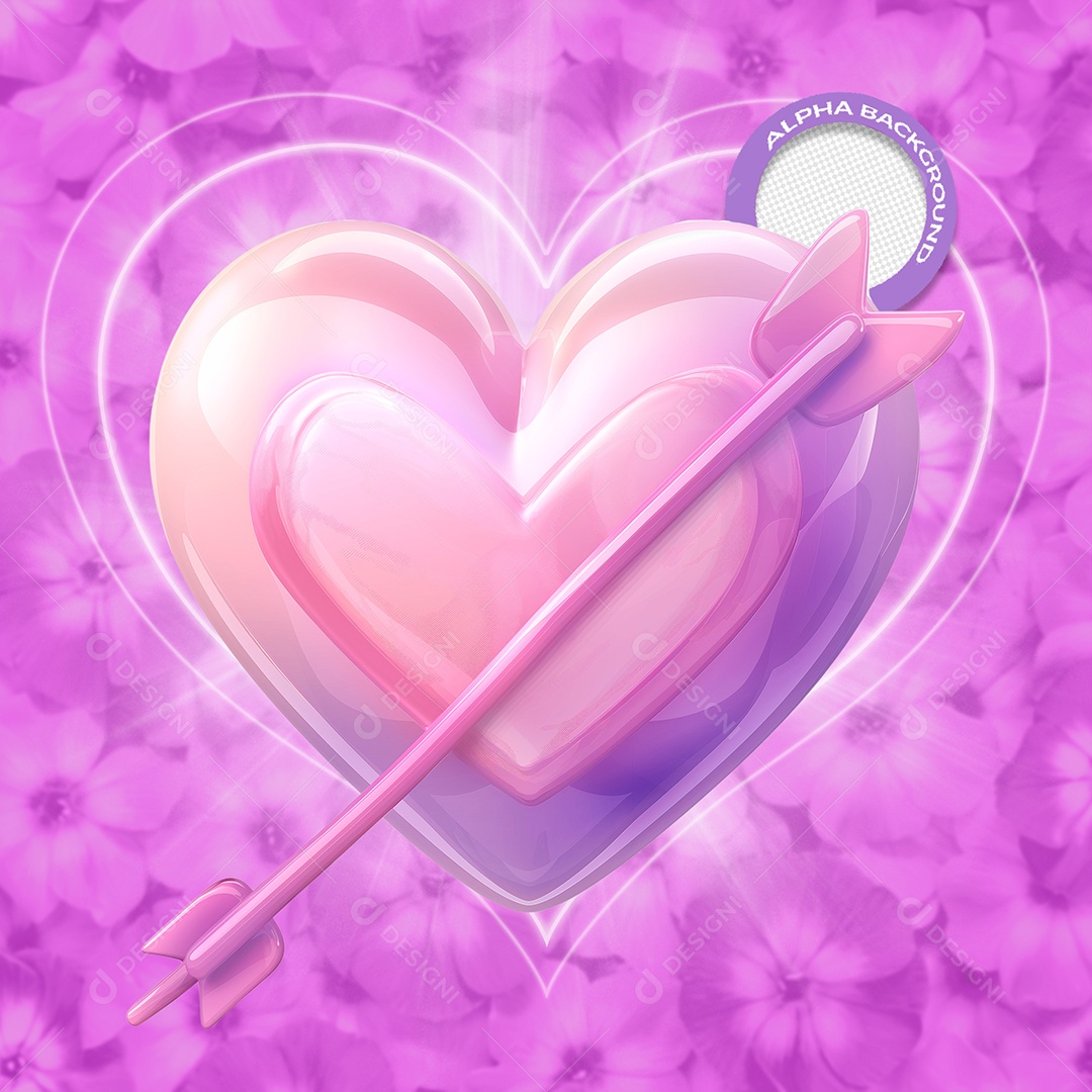 Coração com Flecha Elemento 3D Roxo do Dia dos Namorados para Composição PSD