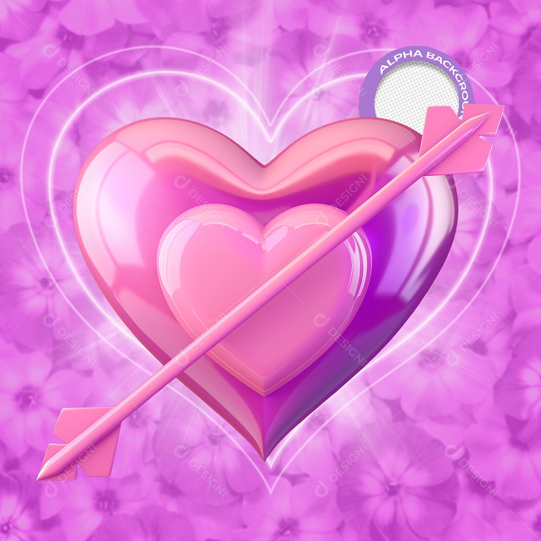 Coração com Flecha Elemento 3D Roxo do Dia dos Namorados para Composição PSD