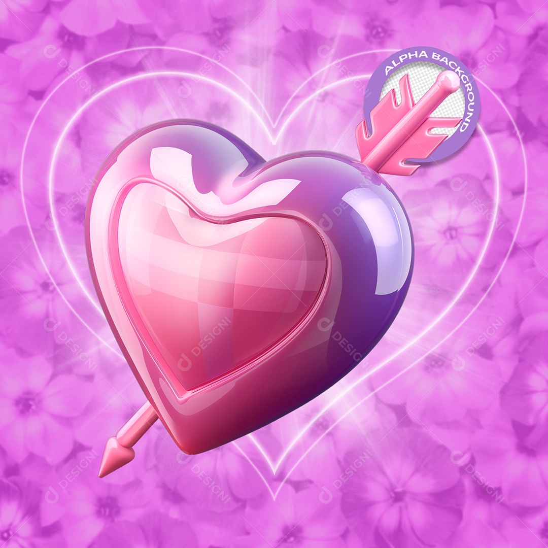 Coração com Flecha Elemento 3D Roxo do Dia dos Namorados para Composição PSD
