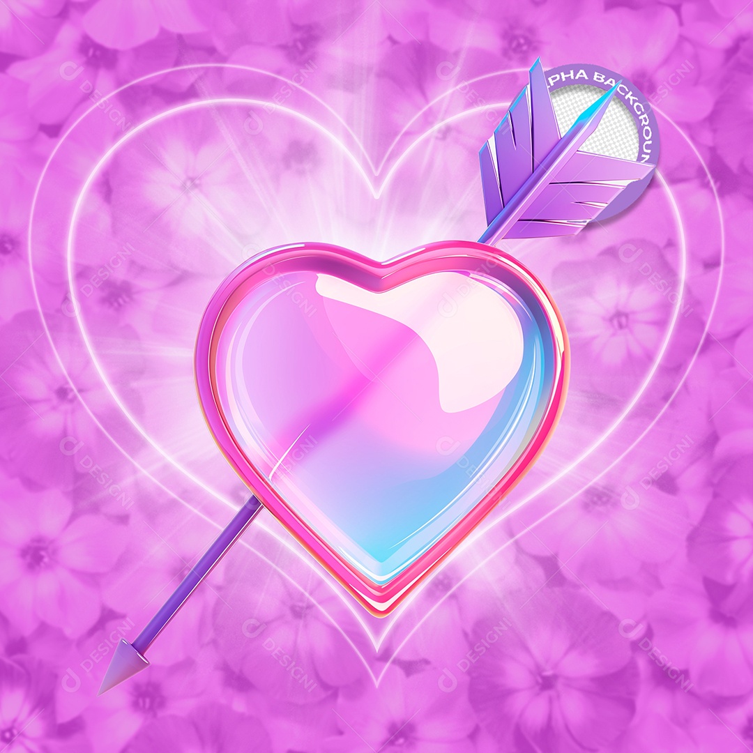 Coração com Flecha Elemento 3D Roxo do Dia dos Namorados para Composição PSD