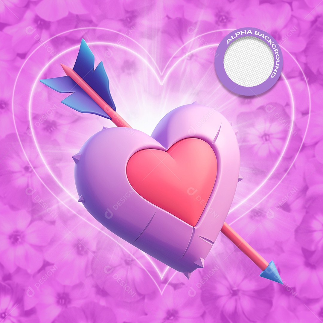 Coração com Flecha Elemento 3D Roxo do Dia dos Namorados para Composição PSD
