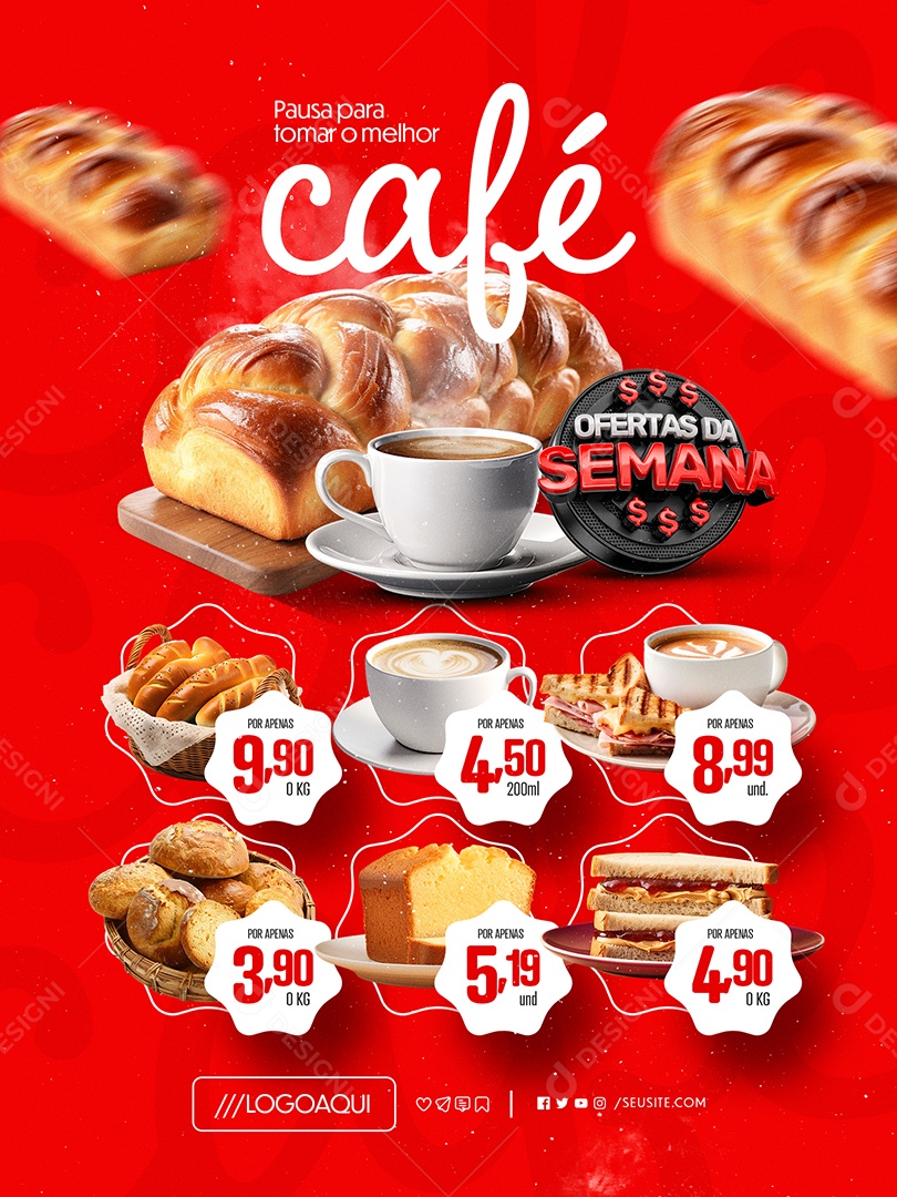 Ofertas da Semana Padaria Encarte Pausa para Tomar o Melhor Café Social Media PSD Editável