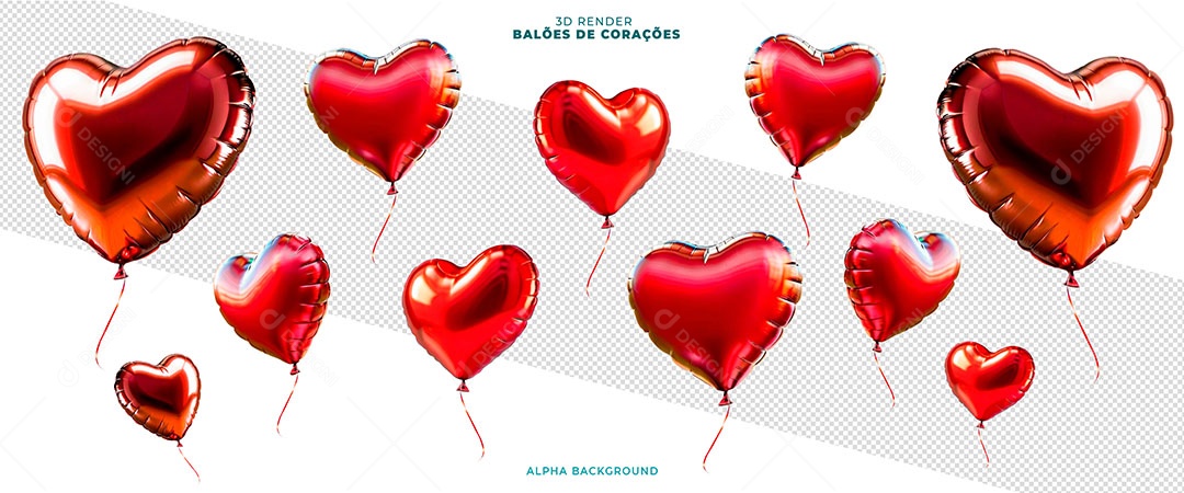 Corações Elemento 3D Vermelho para Composição PSD