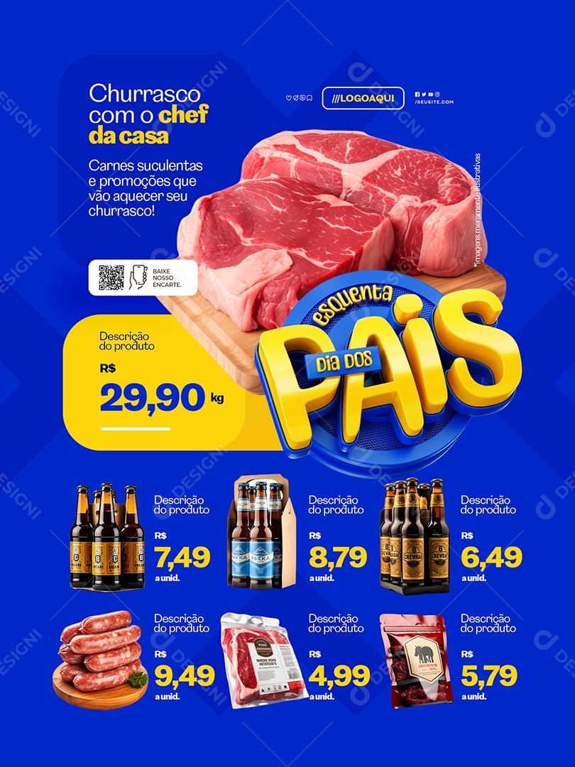 Esquenta Dia dos Pais Supermercado Encarte Churrasco Carne Açougue Social Media PSD Editável