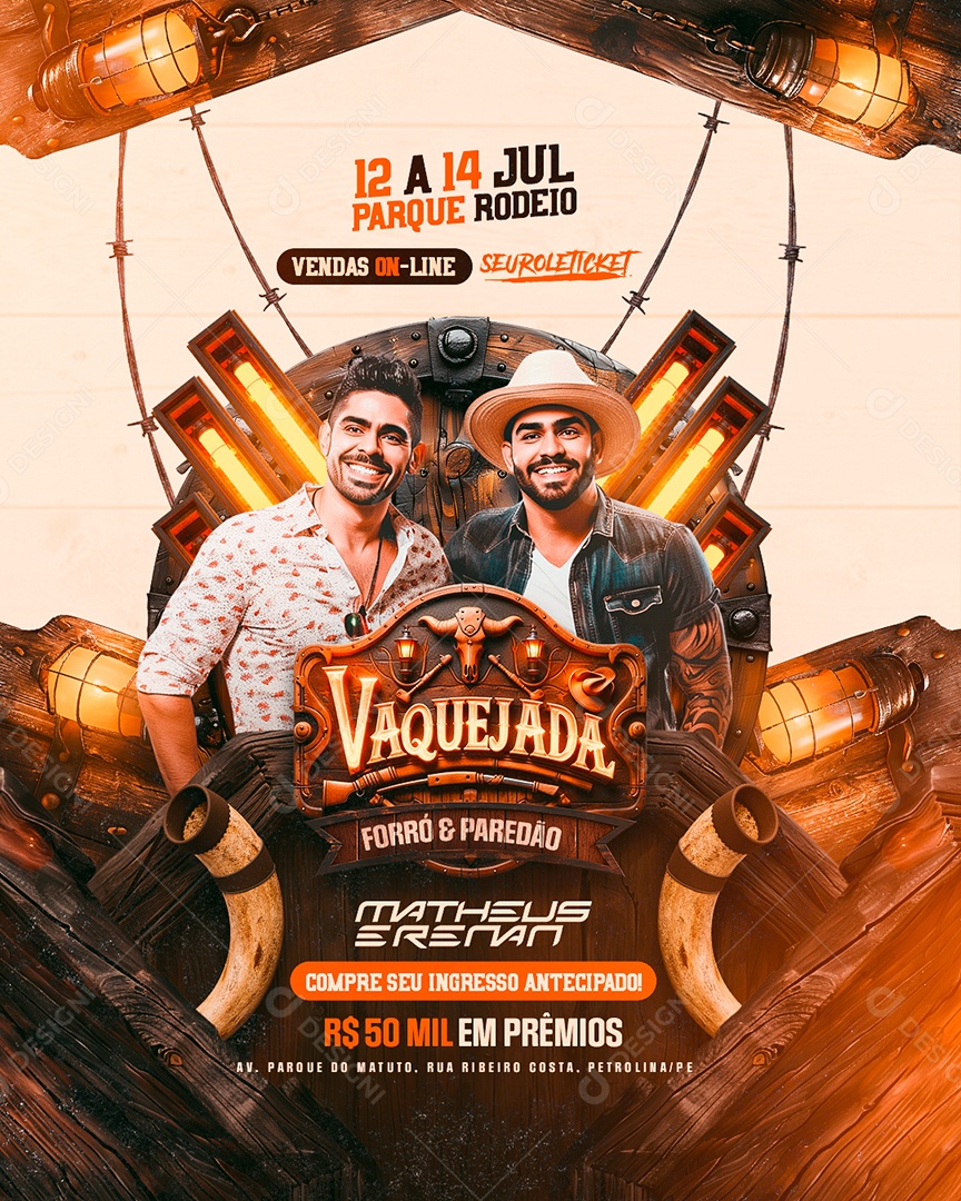 Flyer Vaquejada Forró e Paredão Matheus e Renan Social Media PSD Editável