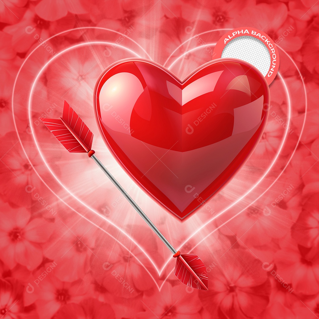 Coração e Flecha Dia dos Namorados Elemento 3D para Composição PSD