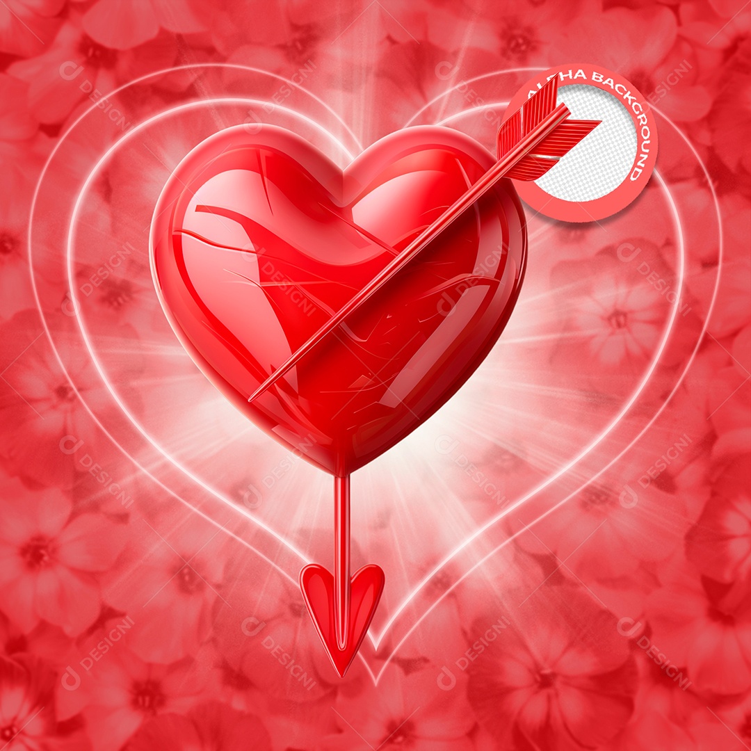 Coração e Flecha Elemento 3D Vermelho para Composição PSD